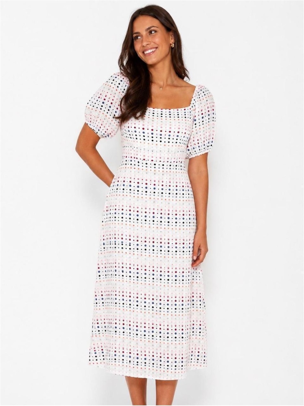 LOFT Multicolor Polka Dot Square Neck Dress Size 2 Short Sleeve Fit & Flare Midi